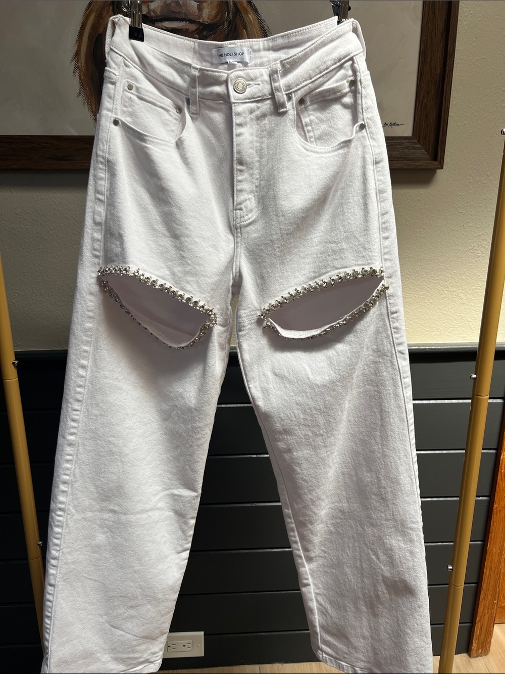 Noli White Straight-Leg Jeans with Crystal Thigh Cutouts